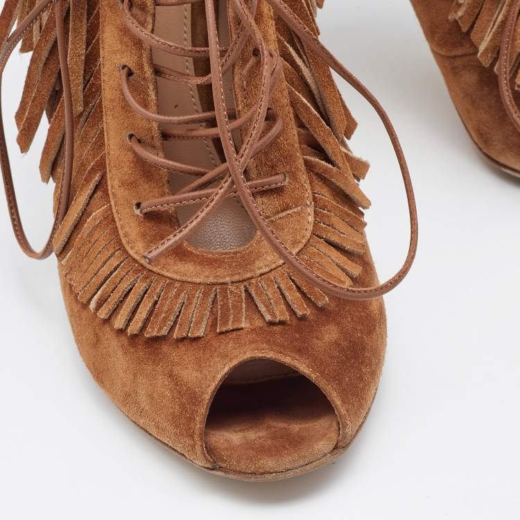 Pre Owned Gianvito Rossi Tan Suede Fringe Lace Up Ankle Booties Size 39