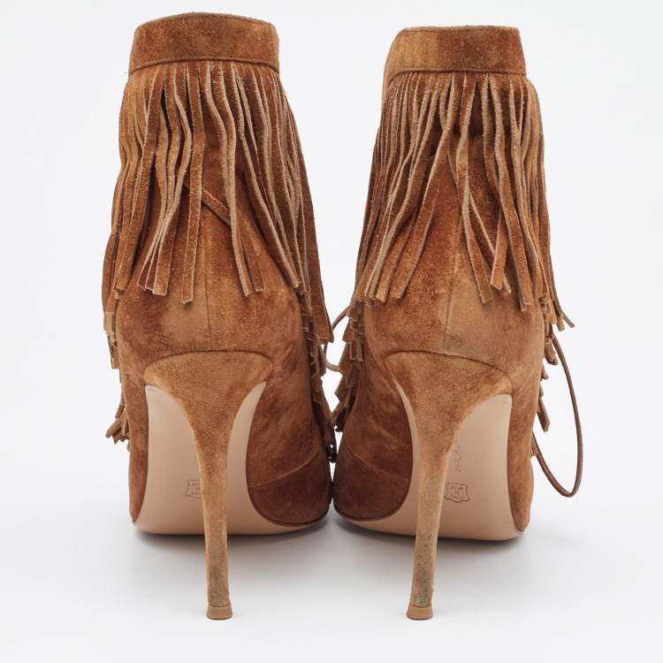Pre Owned Gianvito Rossi Tan Suede Fringe Lace Up Ankle Booties Size 39