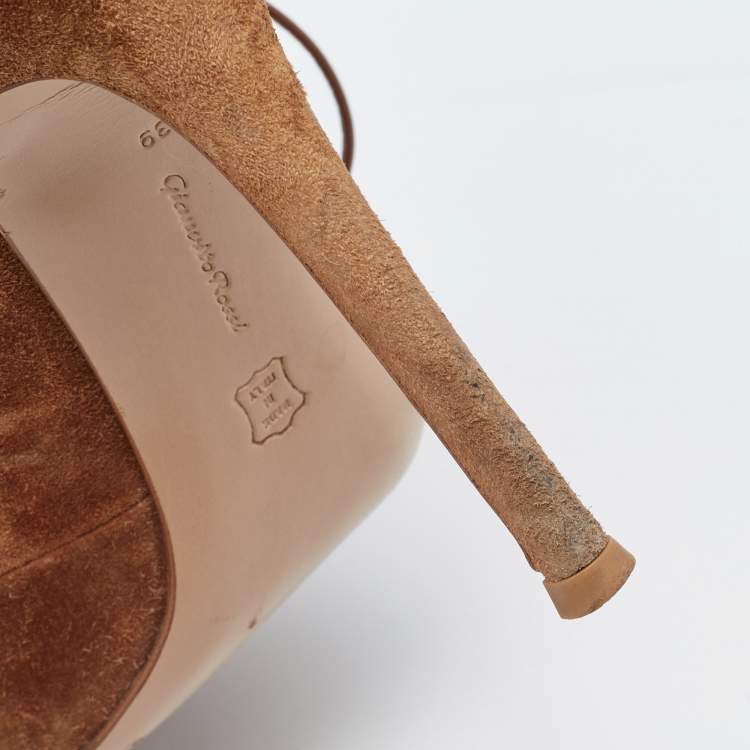 Pre Owned Gianvito Rossi Tan Suede Fringe Lace Up Ankle Booties Size 39