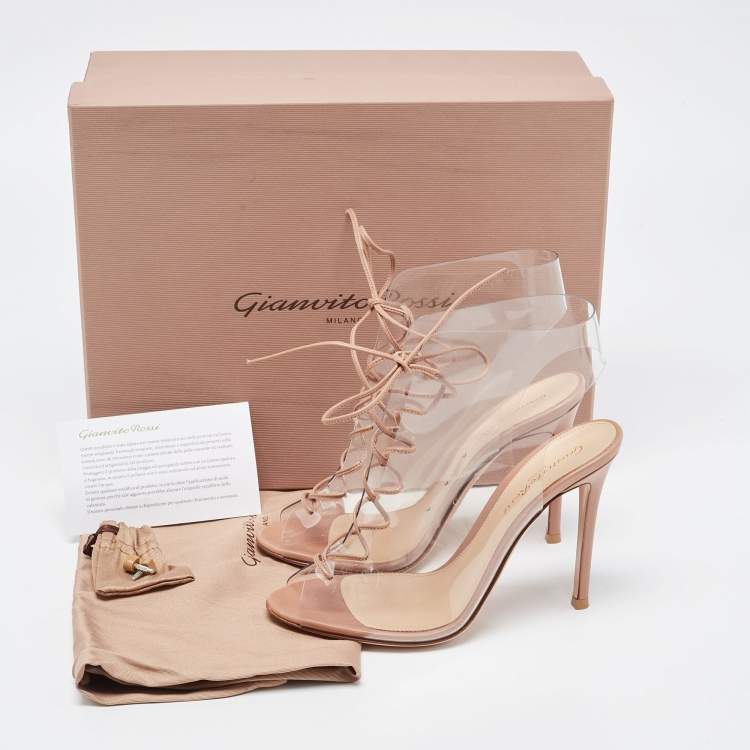 Pre Owned Gianvito Rossi Beige PVC And Leather Helmut Lace Up Booties Size 36.5