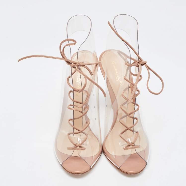 Pre Owned Gianvito Rossi Beige PVC And Leather Helmut Lace Up Booties Size 36.5