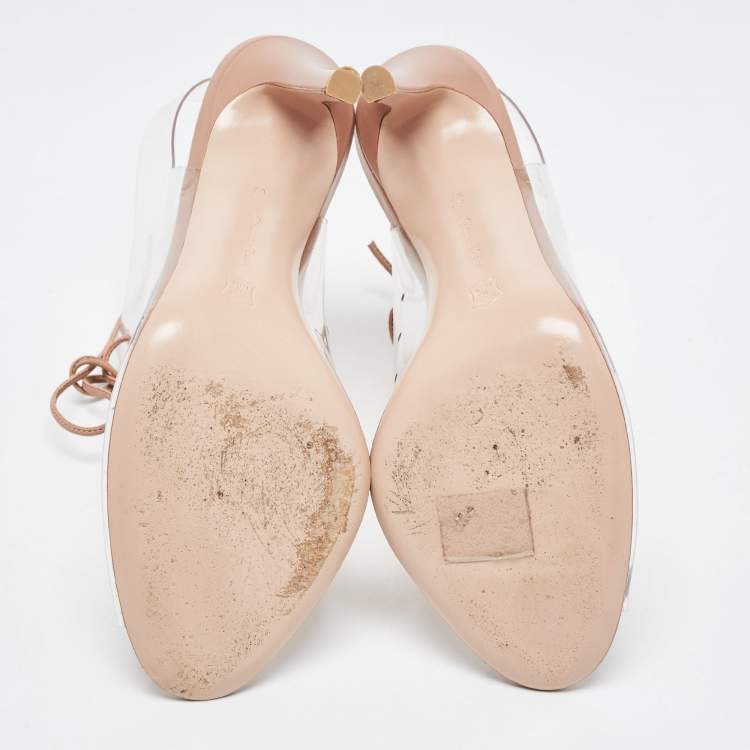 Pre Owned Gianvito Rossi Beige PVC And Leather Helmut Lace Up Booties Size 36.5