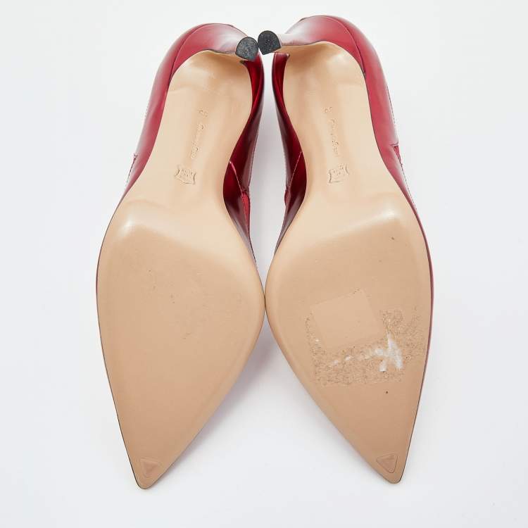 Pre Owned Gianvito Rossi Burgundy Laser Cut Leather and Satin Pointed Toe Pumps Size 38