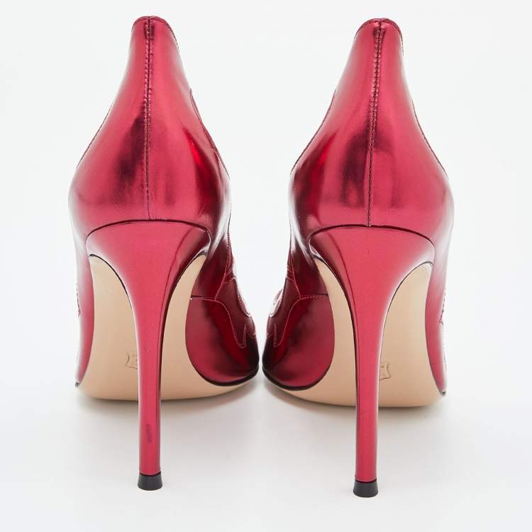 Pre Owned Gianvito Rossi Burgundy Laser Cut Leather and Satin Pointed Toe Pumps Size 38