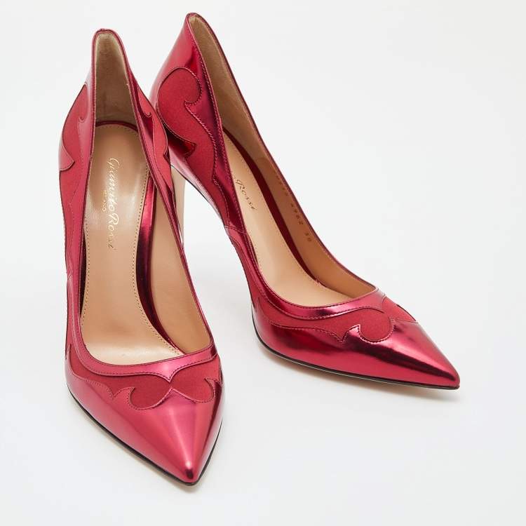 Pre Owned Gianvito Rossi Burgundy Laser Cut Leather and Satin Pointed Toe Pumps Size 38