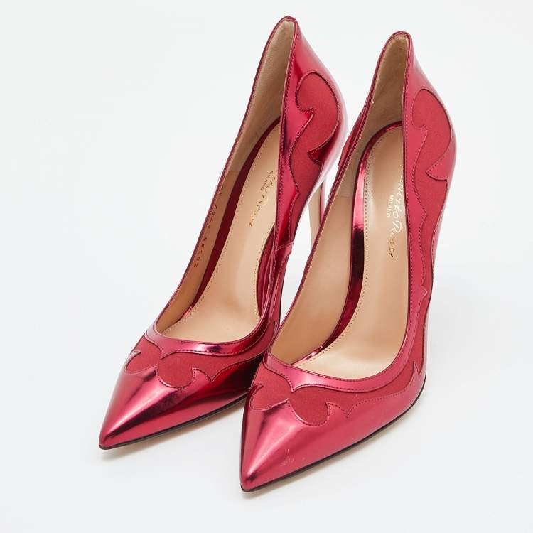 Pre Owned Gianvito Rossi Burgundy Laser Cut Leather and Satin Pointed Toe Pumps Size 38