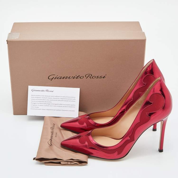 Pre Owned Gianvito Rossi Burgundy Laser Cut Leather and Satin Pointed Toe Pumps Size 38