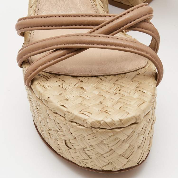 Pre Owned Gianvito Rossi Beige Leather Ankle Strap Espadrille Platform Sandals Size 41