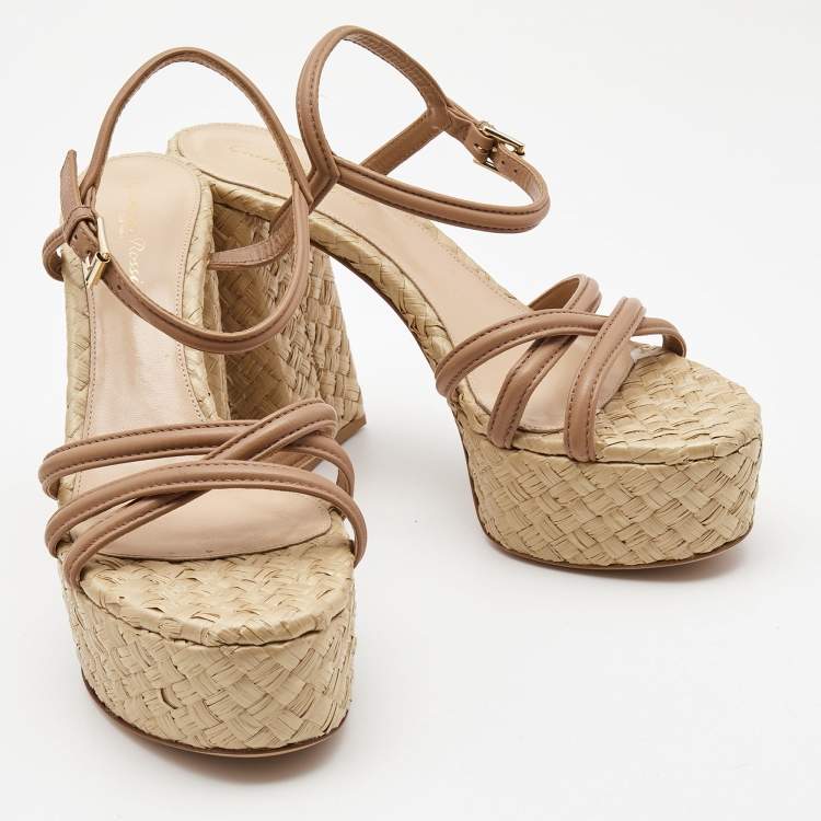 Pre Owned Gianvito Rossi Beige Leather Ankle Strap Espadrille Platform Sandals Size 41