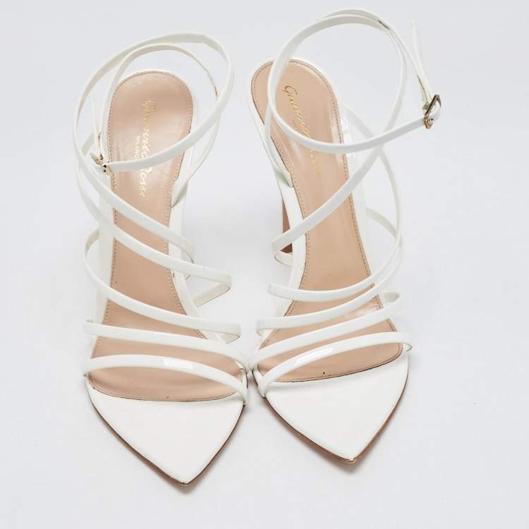 Pre Owned Gianvito Rossi White Patent Leather Strappy Ankle Wrap Sandals Size 39