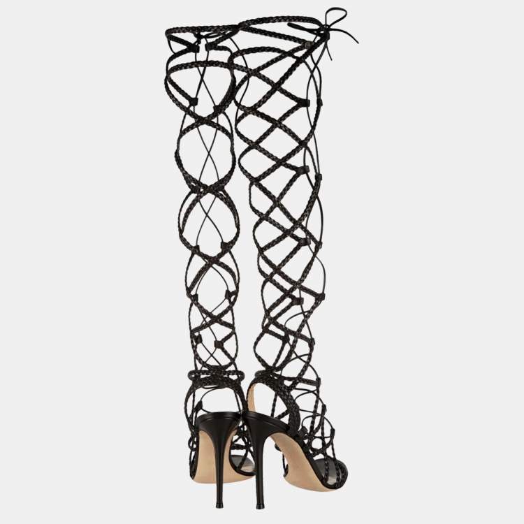 Pre Owned Gianvito Rossi Black Leather Braided Gladiator Knee High Sandals Size 38