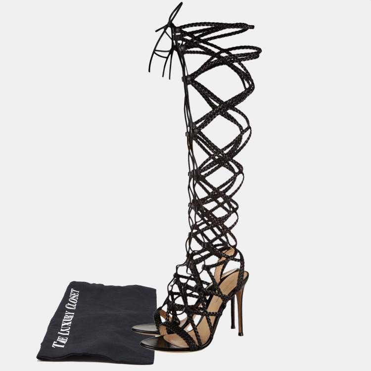 Pre Owned Gianvito Rossi Black Leather Braided Gladiator Knee High Sandals Size 38