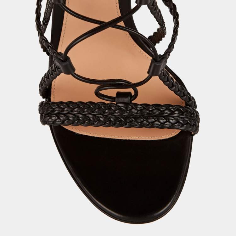Pre Owned Gianvito Rossi Black Leather Braided Gladiator Knee High Sandals Size 38