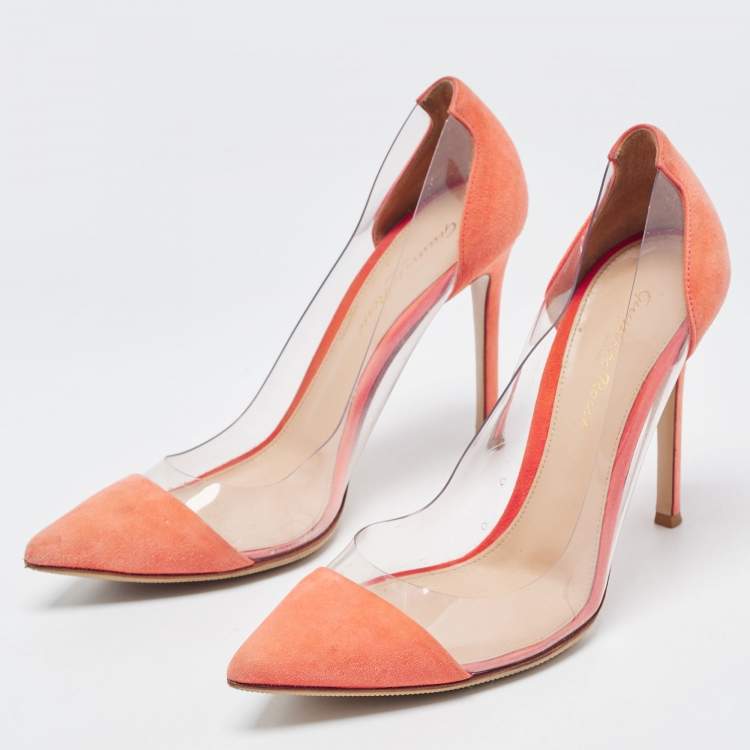 Pre Owned Gianvito Rossi Orange Suede, PVC Plexi Pointed Toe  Pumps Size 38