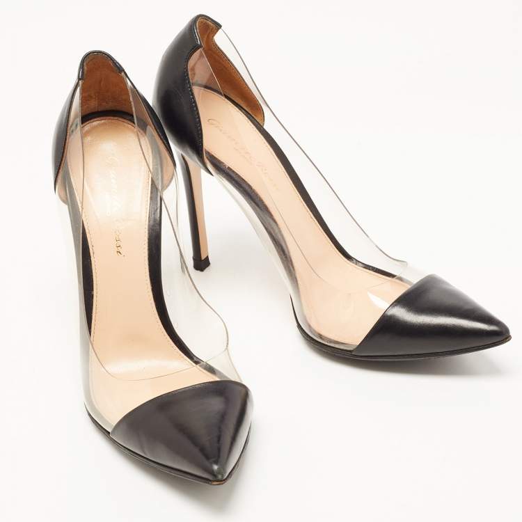 Pre Owned Gianvito Rossi Black Leather and PVC Plexi Pointed Toe Pumps Size 38