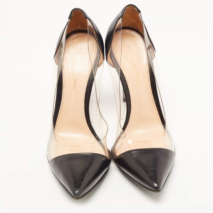 Pre Owned Gianvito Rossi Black Leather and PVC Plexi Pointed Toe Pumps Size 38