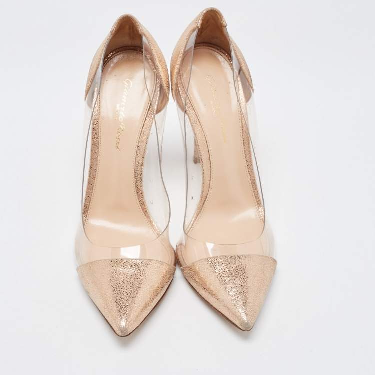 Pre Owned Gianvito Rossi Gold Leather, PVC Plexi Pumps Size 38