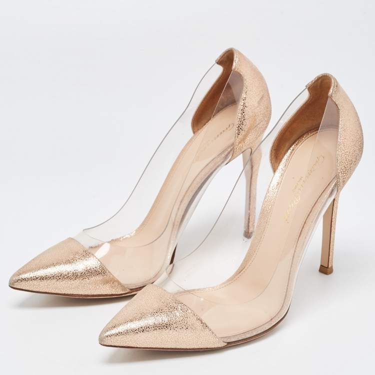 Pre Owned Gianvito Rossi Gold Leather, PVC Plexi Pumps Size 38