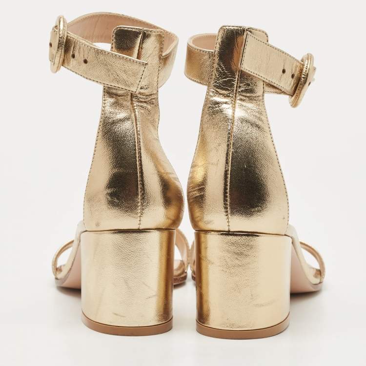 Pre Owned Gianvito Rossi Gold Leather Portofino Block Heel Sandals Size 35.5