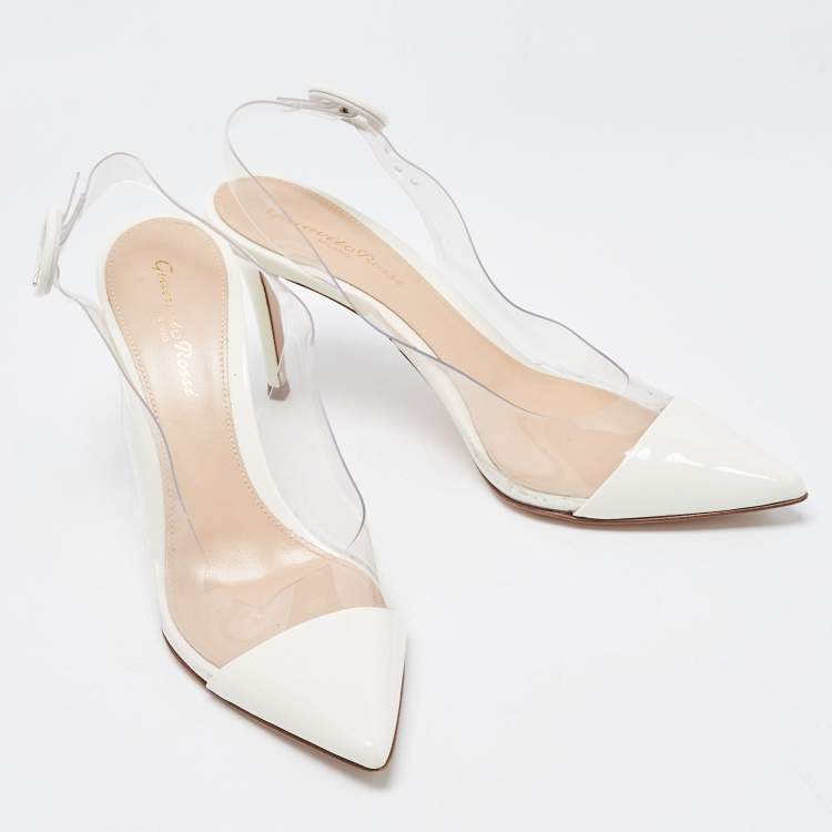 Pre Owned Gianvito Rossi Off White Patent Leather and PVC Plexi Slingback Pumps Size 36.5