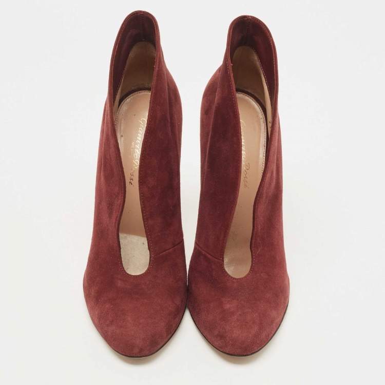 Pre Owned Gianvito Rossi Burgundy Suede Vamp Ankle Length Boots Size 38.5