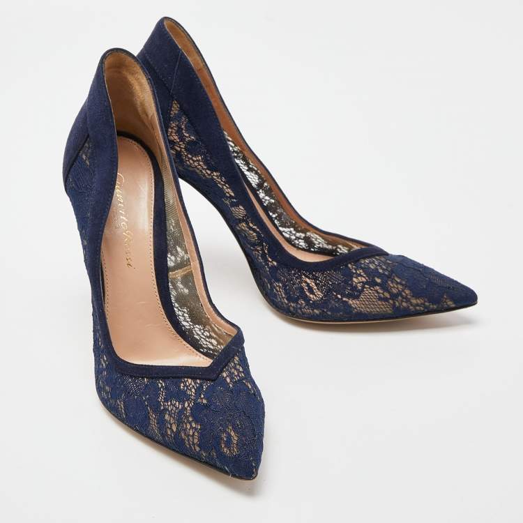 Pre Owned Gianvito Rossi Navy Blue Lace and Suede Pumps Size 36