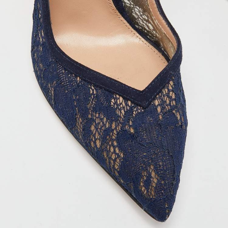 Pre Owned Gianvito Rossi Navy Blue Lace and Suede Pumps Size 36