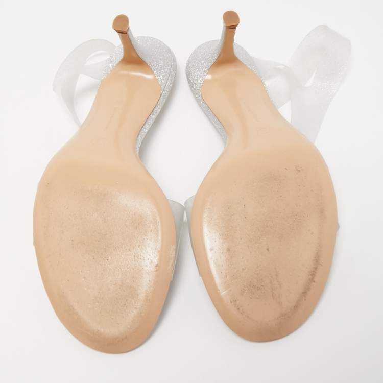 Pre Owned Gianvito Rossi Silver Glitter and PVC Metropolis Slingback Sandals Size 38