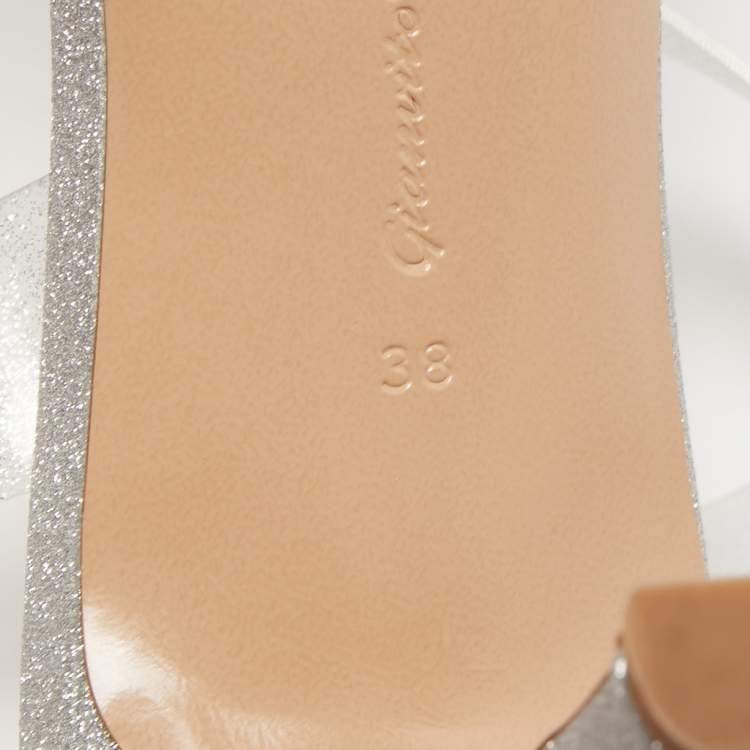 Pre Owned Gianvito Rossi Silver Glitter and PVC Metropolis Slingback Sandals Size 38