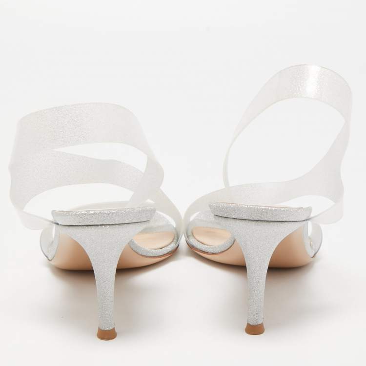 Pre Owned Gianvito Rossi Silver Glitter and PVC Metropolis Slingback Sandals Size 38