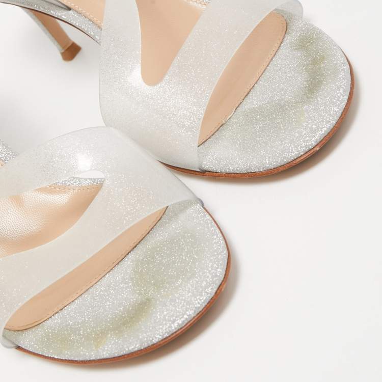 Pre Owned Gianvito Rossi Silver Glitter and PVC Metropolis Slingback Sandals Size 38