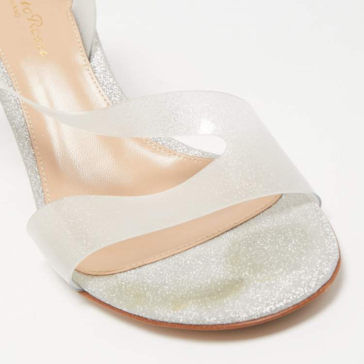 Pre Owned Gianvito Rossi Silver Glitter and PVC Metropolis Slingback Sandals Size 38