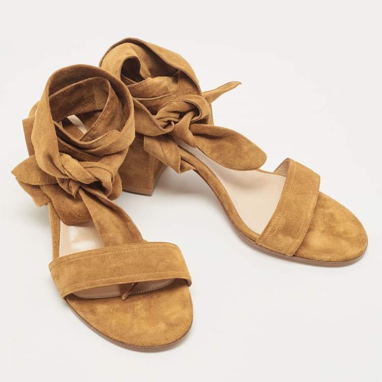 Pre Owned Gianvito Rossi Brown Suede Block Heel Ankle Strap Sandals Size 38.5