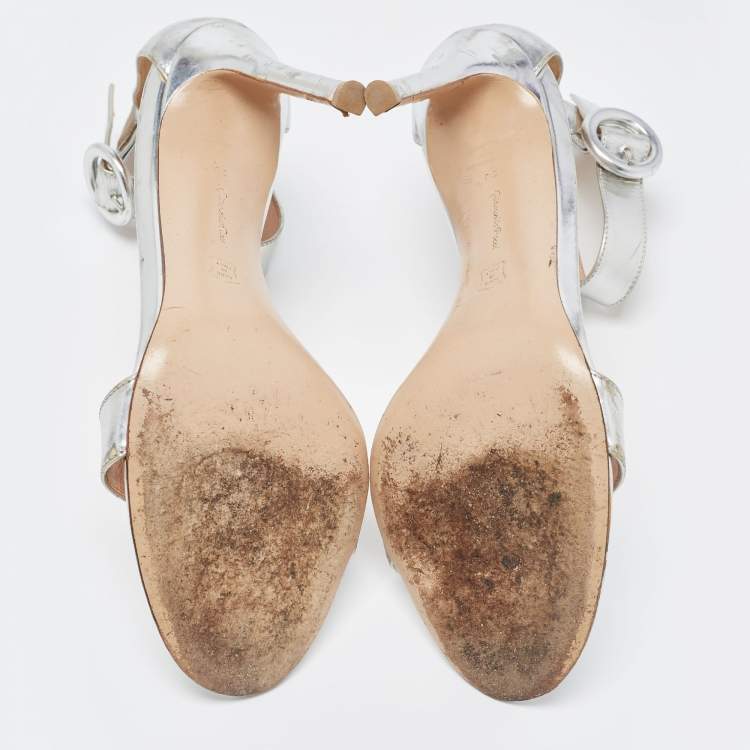 Pre Owned Gianvito Rossi Silver Foil Leather Portofino Ankle Strap Sandals Size 38