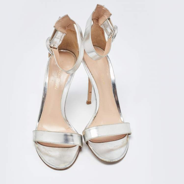 Pre Owned Gianvito Rossi Silver Foil Leather Portofino Ankle Strap Sandals Size 38