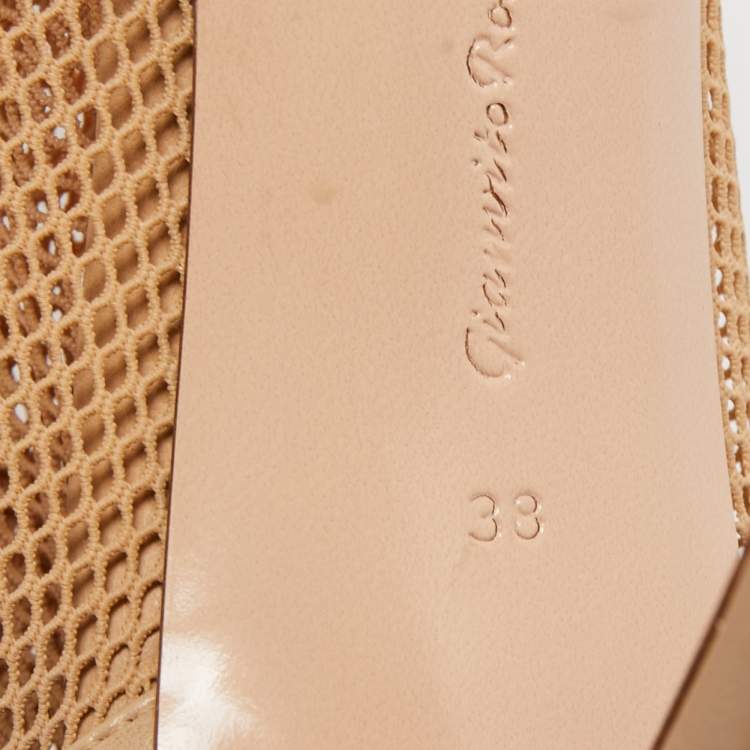 Pre Owned Gianvito Rossi Beige Mesh and Leather Peep Toe Ankle Boots Size 38