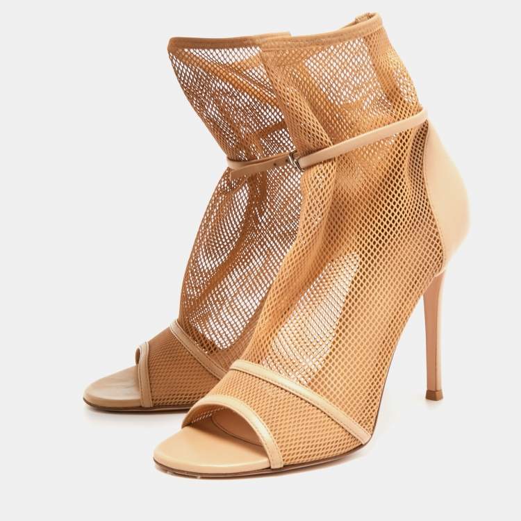 Pre Owned Gianvito Rossi Beige Mesh and Leather Peep Toe Ankle Boots Size 38