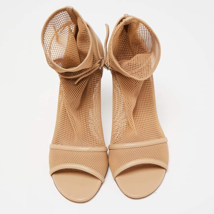 Pre Owned Gianvito Rossi Beige Mesh and Leather Peep Toe Ankle Boots Size 38