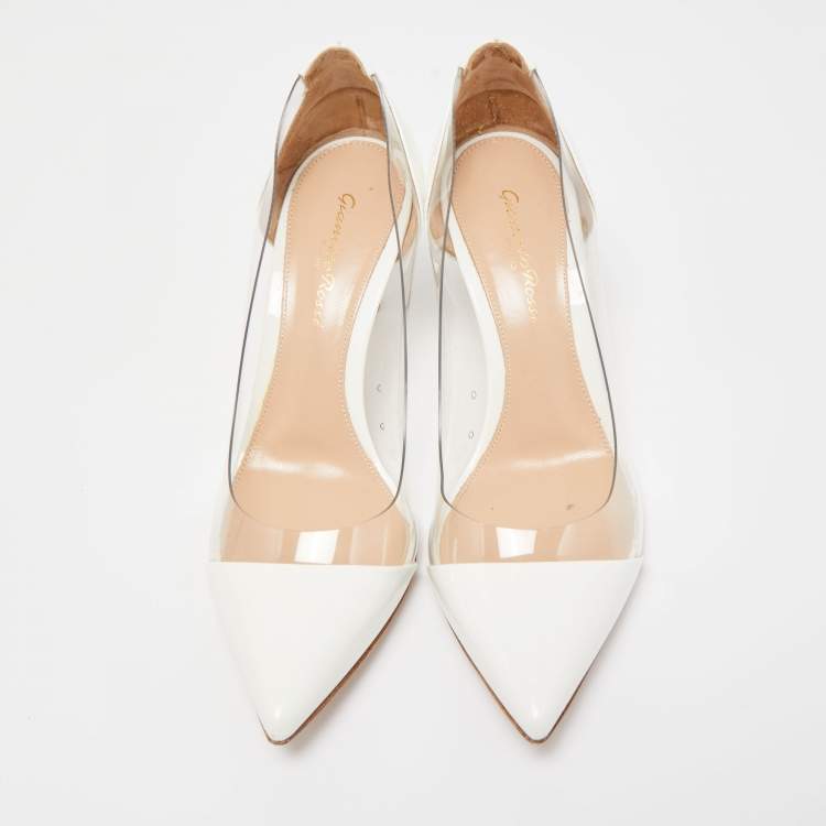 Pre Owned Gianvito Rossi White Patent Leather and PVC Plexi Pumps Size 37