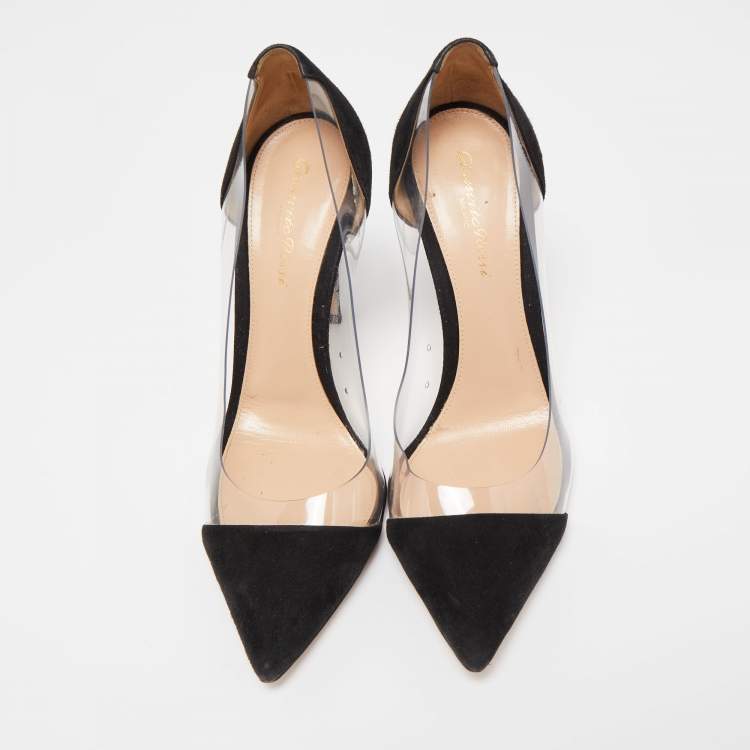 Pre Owned Gianvito Rossi Black PVC And Suede Plexi Pointed Toe Pumps Size 38