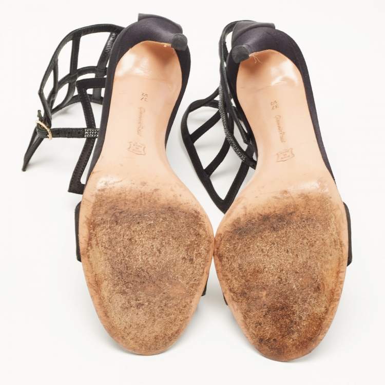 Pre Owned Gianvito Rossi Black Satin Crystal Embellished Ankle Strap Sandals Size 37.5