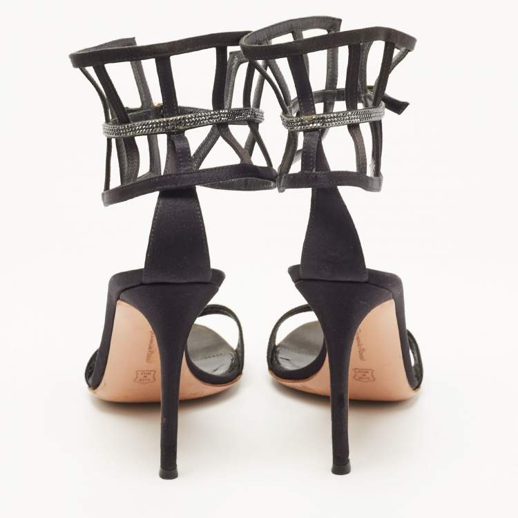 Pre Owned Gianvito Rossi Black Satin Crystal Embellished Ankle Strap Sandals Size 37.5