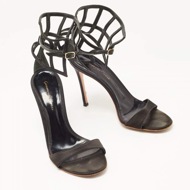 Pre Owned Gianvito Rossi Black Satin Crystal Embellished Ankle Strap Sandals Size 37.5