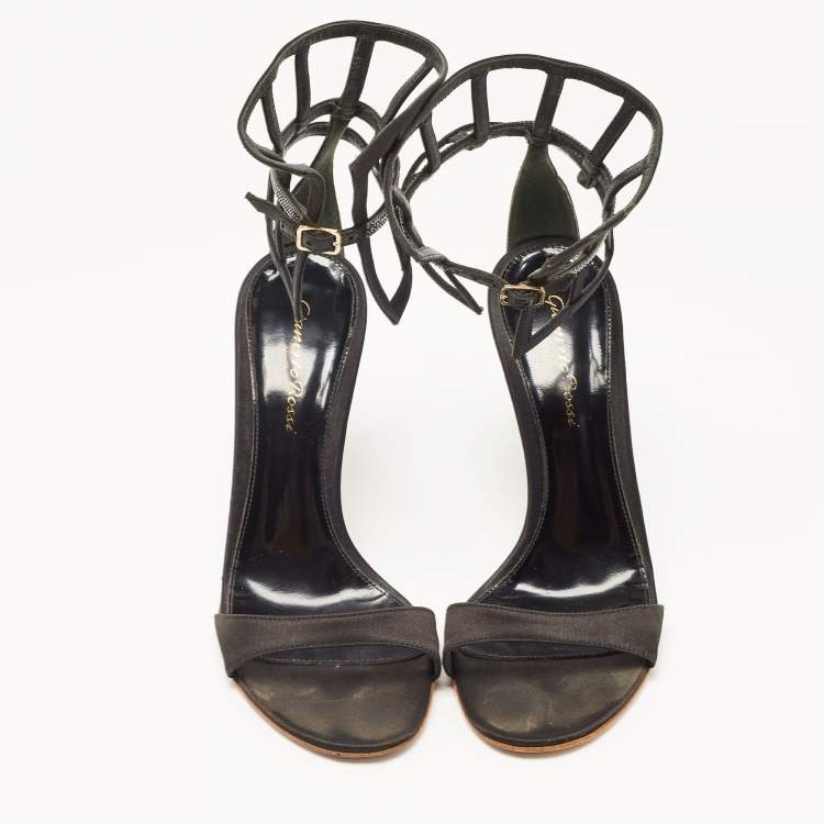 Pre Owned Gianvito Rossi Black Satin Crystal Embellished Ankle Strap Sandals Size 37.5