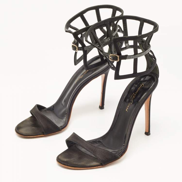 Pre Owned Gianvito Rossi Black Satin Crystal Embellished Ankle Strap Sandals Size 37.5