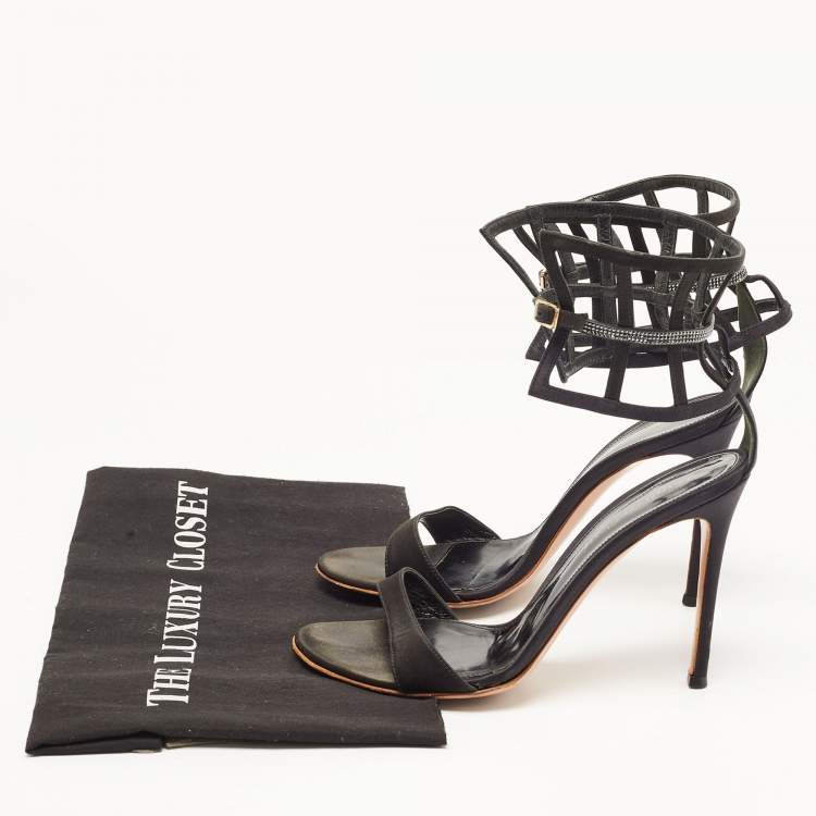 Pre Owned Gianvito Rossi Black Satin Crystal Embellished Ankle Strap Sandals Size 37.5