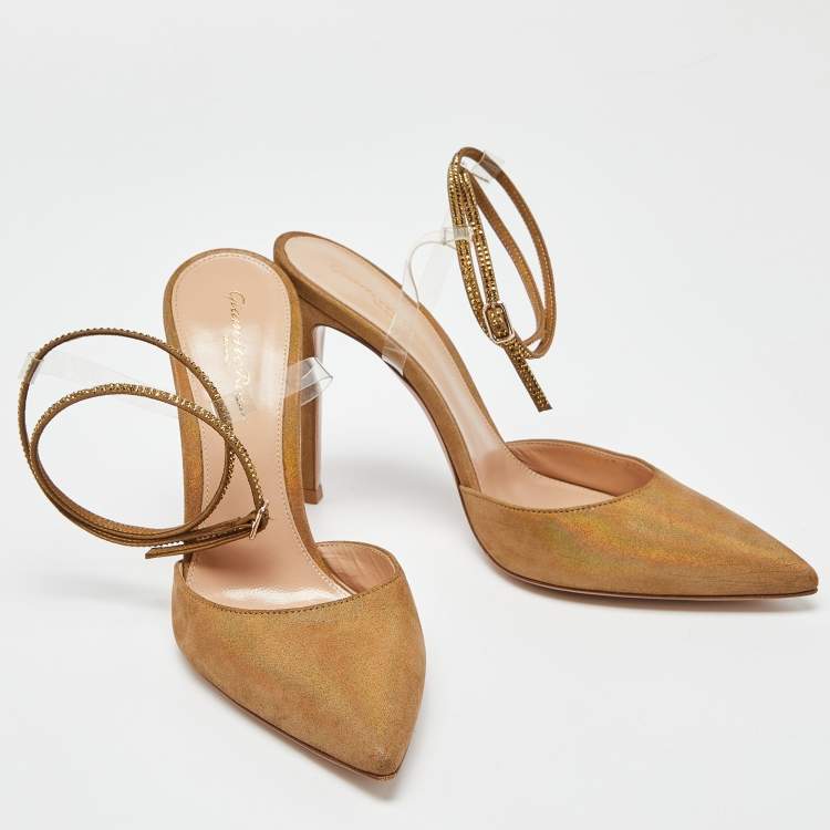 Pre Owned  Gianvito Rossi Brown Suede and PVC Pointed Toe  Ankle Strap Pumps Size 38.5