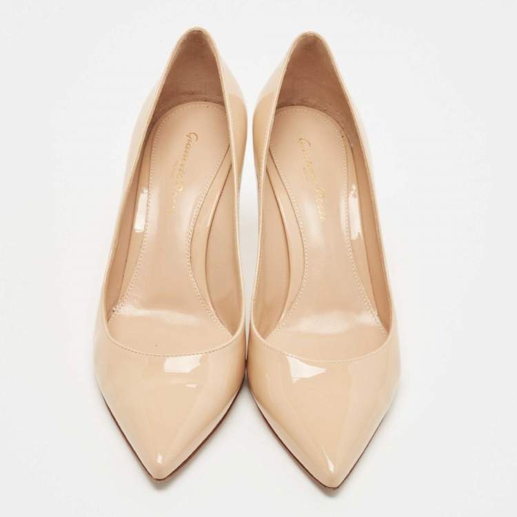 Pre Owned Gianvito Rossi Beige Patent Gianvito Pointed Toe Pumps Size 38