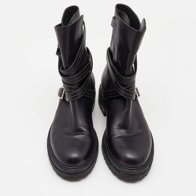 Pre Owned Gianvito Rossi Black Leather Buckle Combat Boots Size 40
