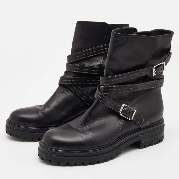 Pre Owned Gianvito Rossi Black Leather Buckle Combat Boots Size 40